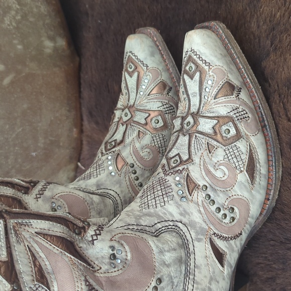 CORRAL AB084 "Sadler" ivory leather bronze cross cowgirl boot snip toe sz 9.5 - Picture 10 of 16